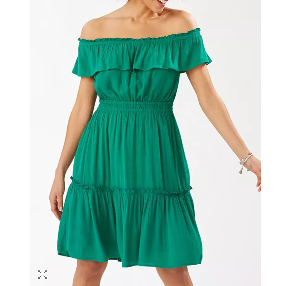 Tommy Bahama Caicos Crinkle Dress Womens Small Green Off The Shoulder Resort